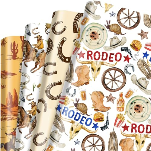 Western-Geschenkpapier, Cowboy, Wilder Westen, Wüste, Kaktus, Rodeo, Pferd, bedrucktes Geschenkpapier für Geburtstag, Babyparty, Pferderennen, Party, Basteln, 12 Bögen, 71,1 x 50,8 cm