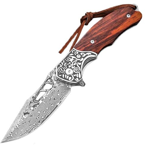 Joa Couteau de poche damassé pliant tranchant et pliable - Couteau de survie - Couteau de chasse - Couteau de survie en acier de Damas - Petit manche en bois - Couteau de qualité supérieure avec étui