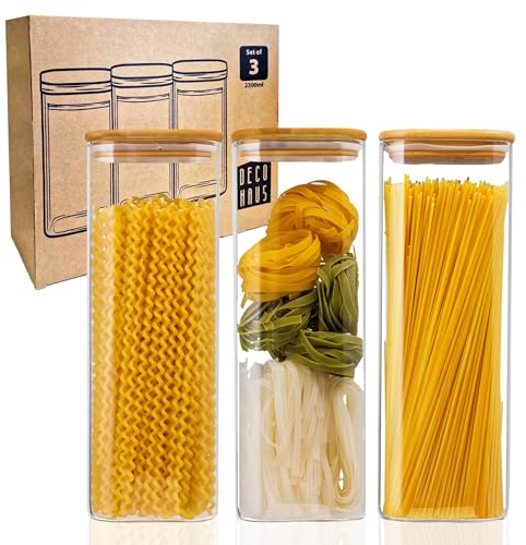 Déco haus® Bocaux de Conservation pour Spaghetti 3 pcs avec Couvercles + Étiquettes [HERMÉTIQUES] - Pour Céréales, Cornflakes, Farine - Boîtes en Verre avec Couvercles - 3x2300ml