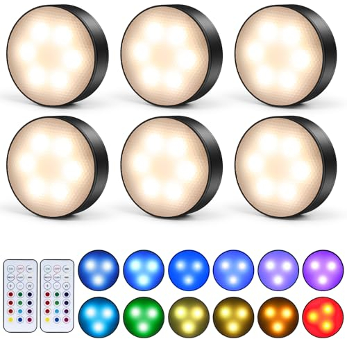 GIACOMO LED Sans Fil Lampe de Placard 13 Couleur, 4 Mode Adhesive Spot LED à Pile Avec Telecommande Couleur rgb Lumiere Pour Armoire (Noir, 6 lampe + 2 télécommande)