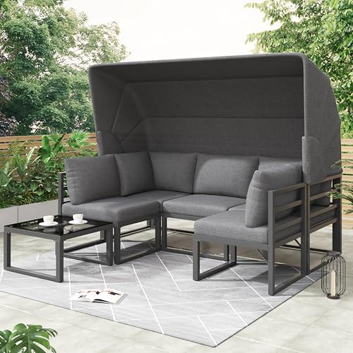 Dolamaní Lounge Möbel Outdoor Set für 4-6 Personen, Gartensofa mit Dach, Metall Gartenlounge Set Wetterfest mit 1 3 sitzer-Sofa, 2 Stühle und 1 Tisch (Grau)