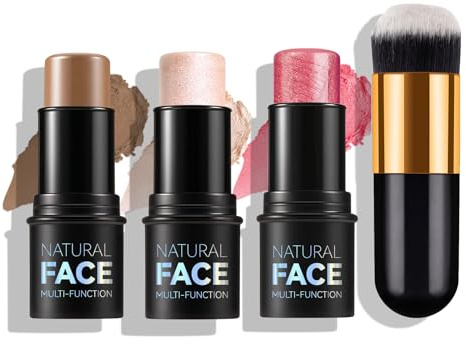 RoseFlower 3pcs Face Contour Makeup Set, Highlighter and Blush Cream Kit With Brush, Contouring Stick for Fair Skin, Concealer Gift for Beginner Teen Girls Women