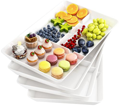 WELDUN Paquete de 4 bandejas de plástico para servir con compartimentos, sin BPA, bandeja de cena/fruta/aperitivos para kichen, bar, bufés, fiesta, día de Acción de Gracias, Navidad