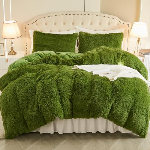 EMME - Set di biancheria da letto in morbido pile 220 x 240 cm, in fibra di castoro, set di copripiumino per letto shaggy e in pile, biancheria da letto morbida e due federe da 80 x 80 cm, verde prato