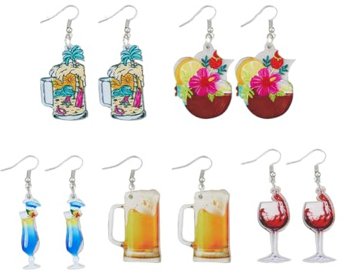UNICRAFTALE 5 Pairs 5 Styles Wine Glass Earring Beer Dangle Earrings Cocktail Drink Earrings Funny Coconut Earrings Hawaiian Summer Earrings Acrylic Whisky Glass Earrings Holiday Party Jewelry