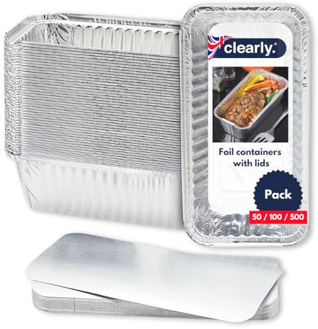 Clearly Set 50 Large Foil Trays with Lids, Aluminium Disposable Reusable Foil Food Container, Takeaway Containers, Great for Baking, Cooking, Freezing, Heating, Storing, BBQ (20.x11.2x5.6cm)