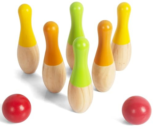 WOODENFUN Kinder Bowling Spiel Set aus Holz mit 6 Kegel und 2 Bälle Indoor und Outdoor Kinderspiele Kegelspiel 3-Jahre alt Holz Spielzeug