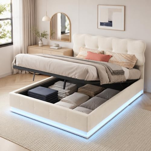Bett mit Stauraum,Polsterbett Doppelbett 160 x 200 cm,gepolstert LED,Hydraulisch Stauraumbett mit Bettkasten, Doppelbett mit Stauraum Funktionsbett mit Kopfteil und Lattenrost (Beige+Samt)