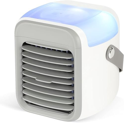 SHYOSUCCE Mobile Klimageräte,4 in 1 Klimaanlage,Air Cooler Mini, Leiser USB Luftkühler mit Wassertank,Tragbarem Griff, 7 LED-Licht, 3 Geschwindigkeiten für Zuhause Büro (grau)