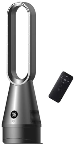 OMUIETIO Bladeless Tower Fan with Remote Control Timer Function, 80° Oscillating Bladeless Fan with Air Purifier, Tower Fans Cooling Quiet Bedroom LED Display 8 Speeds 9H Timer 32db (Grey-silver)