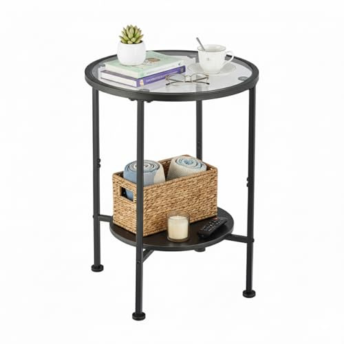 ZEXVIDA Tempered Glass Side Table with Storage Shelf for Small Spaces,16.15 2 Tier Round Glass End Table, Small Round Side Table for Living Room, Bedside Table Nightstands for Bedroom (Black)