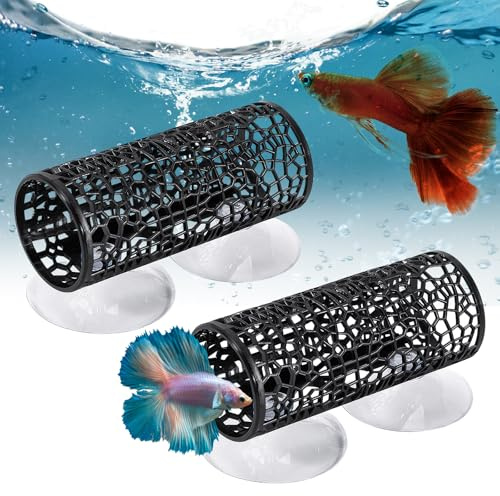 2 Stück Betta Fisch Tunnel Spielzeug, Aquarium Lochversteck mit Transparenten Saugnäpfen, PP-sicheres Material, 10cm Lang für Kleine Fische, Salmler, Zierfische