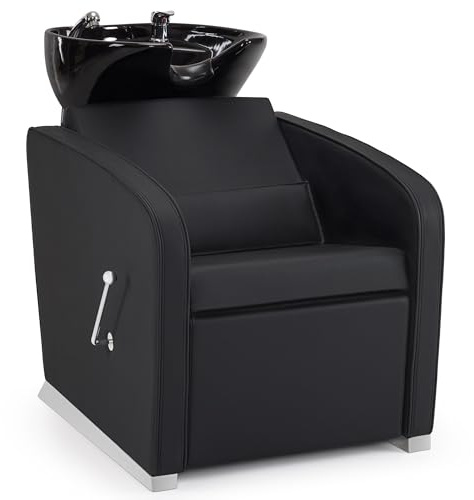 Barberpub Friseurstuhl mit Waschbecken, Klappbare Beinstütze, Friseur Waschbecken aus Keramik Verstellbar, Friseurwaschsessel für SPA Salon, Friseur Waschplatz 8679 (Schwarz/Kunstleder)