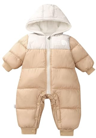 JiAmy Baby snödräkt, barns vinteroverall med huva, sparkdräkt för babyflickor och pojkar, overall med huva för 6-24 månader, Khaki, 6-9 Months