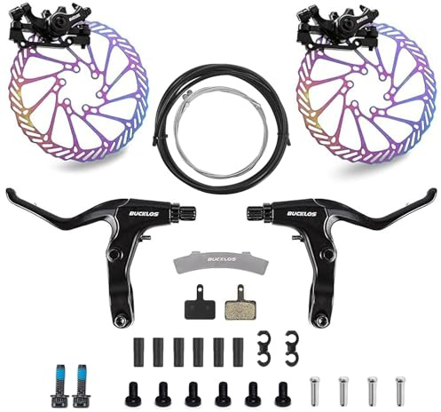 AEYINO Mountain Bike Disc Brake kit, MTB Mechanical Line Pulling Disc Brakes Caliper with Aluminum Alloy Levers /160mm Rotor/IS/PM for Ebike/Folding Bike/Scooter/Fat Bike