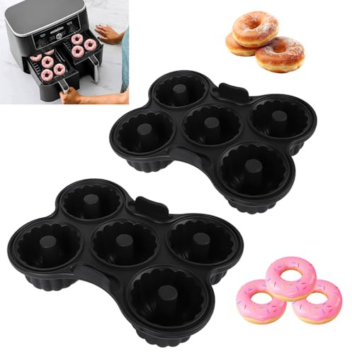 TOWEBOORY 2 PCS Doughnut Mould for Air Fryer Baking, Silicone Donut Moulds Reusable Non-Stick 5 Cavity Molds Bagel Baking Tin for 8qt-10qt Ninja Double Stack Air Fryer Accessories