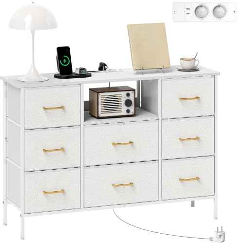 HOMCOM Kommode mit 8 Schubladen, Steckdosenleiste, für Flur, Cremeweiß | Aufbewahrungsschrank, Schubladenschrank, aus Stoff, Stahlrahmen, für Schlafzimmer, Wohnzimmer und Büro