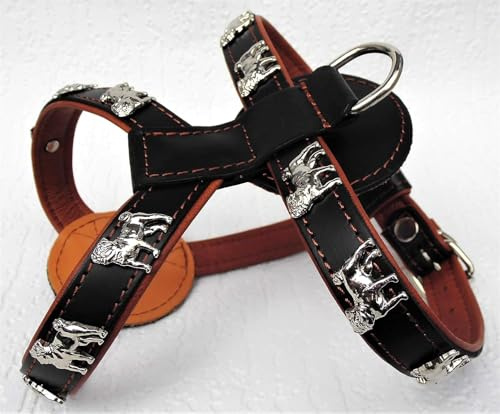 HUNDEGESCHIRR - Geschirr, Brustkorb 57-67cm *MOPS* Leder- Rot, Blau, Schwarz, Weiß, Cognac (Schwarz/Cognac)