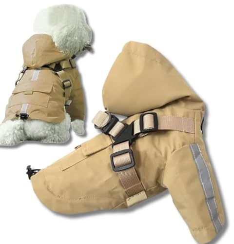 Lalazoo REINOR Wasserdichter Hunderegenmantel mit Kapuze & integriertem Geschirr – reflektierende Regenjacke 2-in-1 mit Reißverschluss & Sicherheitsverschluss – leicht Winddicht verstellbar, Beige M