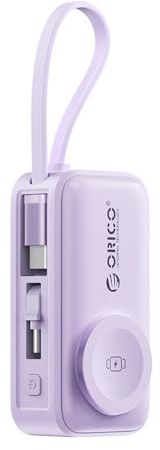 ORICO Mini Power Bank 5000 mAh - 22.5 W PD USB-C Carga Rápida, Cable USB C Integrado, Carga Inalámbrica para Apple Watch, Accesorios de Viaje para iPhone 17 16 15 14, Lila