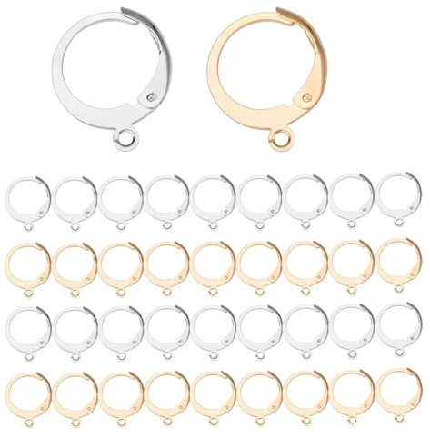 Vayrihom 80 ganci per orecchini rotondi in acciaio inossidabile, orecchini con chiusura a leva da 12 mm con anello aperto, per la creazione di gioielli fai da te, argento e oro