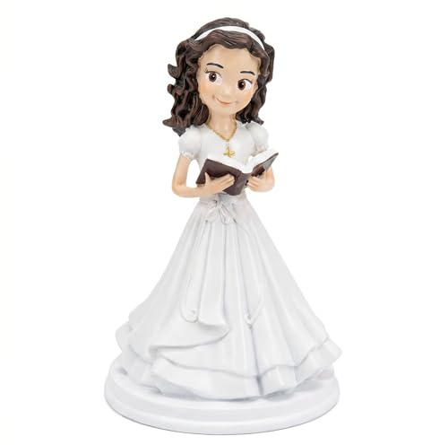 Figura de Niña de Comunión para Tarta, con LIBRO y Colgante Cruz Dorada, Decoración en Resina