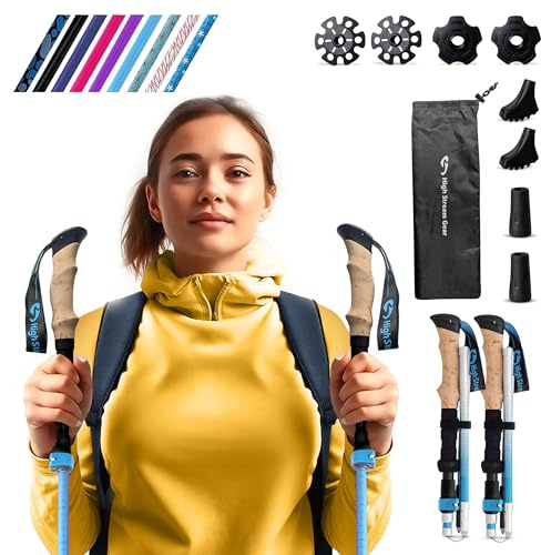 High Stream Gear Wanderstöcke für Damen – 36,8 cm Faltbare Wanderstöcke für Rucksackreisen, Training und Reisen, Set mit 2 faltbaren Aluminium-Trekkingstöcken (kurz, hellblau)