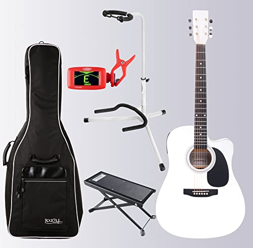 Classic Cantabile WS-10WH-CE Westerngitarre set, Akustisk Gitarr – Dreadnought-Style med tonavtagare – korpus: Linne laminerat – inklusive ficka, gitarrhållare, fot och stämningsapparat – vit