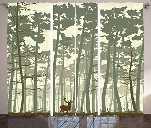 ABAKUHAUS Wald Rustikaler Vorhang, Kiefer Deer Motiv, Wohnzimmer Universalband Gardinen mit Schlaufen und Haken, 280 x 225 cm, Salbeigrün Braun