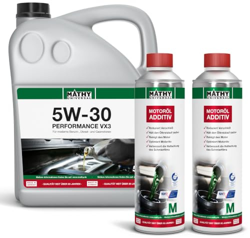 MATHY Ölwechsel-Set-SAE 5W-30 Performance VX3, Motoröl + MATHY-M Additiv | Motorenöl-Wechsel-Set mit 5 Liter SAE 5W-30 Motoröl mit 1 Liter (2 x 500 ml) Motorenöl-Zusatz und 500 ml Messbecher