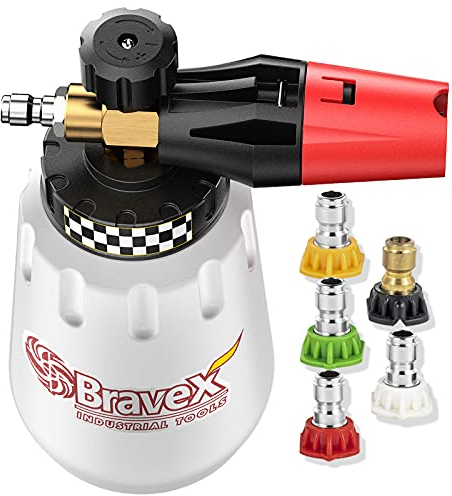 Bravex Schaumkanone – strapazierfähige Schaumstoff-Waschpistole, breiter Hals, verstellbarer Auto-Schaumstoff-Aufsatz für Hochdruckreiniger mit 0,6 cm Anschluss, 5 Düsen im Set enthalten (1 Liter, 1,1 mm Metallausrichtung)