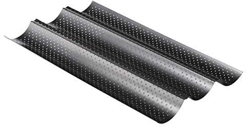 Meinposten. Baguetteform Blech für 3 Baguettes antihaft beschichtet Baguetteblech, Schwarz, Oblong, 38 x 24 cm, Karbonstahl, Baguette, belegte Croques-Hälften, klassisch