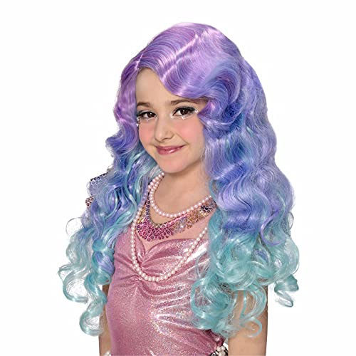 Perruque de princesse pour enfants pour Halloween, jeu de rôle, rentrée des sirènes de Noël, racines violettes ombrées bleues, perruque longue bouclée pour enfants gril conte de fées, cosplay Anime