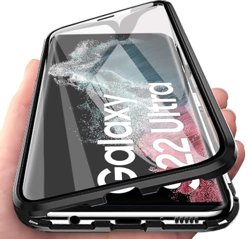 Orgsty Hülle für Samsung Galaxy S22 Ultra 5G, Magnetische Hartglas Hülle mit Vorderseite und Rückseite, Metallrahmen Case mit Eingebaut Magnet, Ultra Dünn 360 Grad Handyhülle, Schwarz