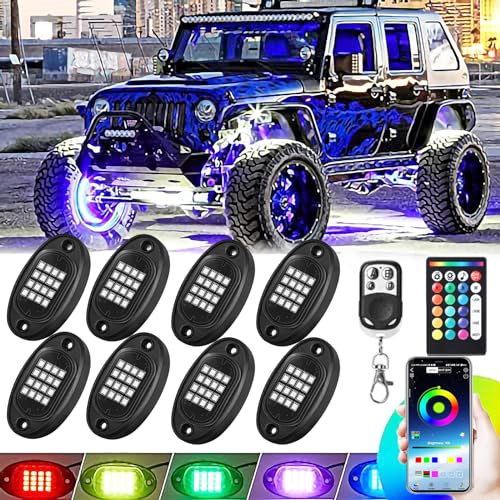 8 Pods RGB LED Rock Lights for Jeeps Trucks Golf Cart ATV UTV RZR SUV Offroad Pickup Car, Waterproof Multicolor Underglow Kit with APP Music Mode Underbody Neon Light Vehicle Underneath Accent 12V