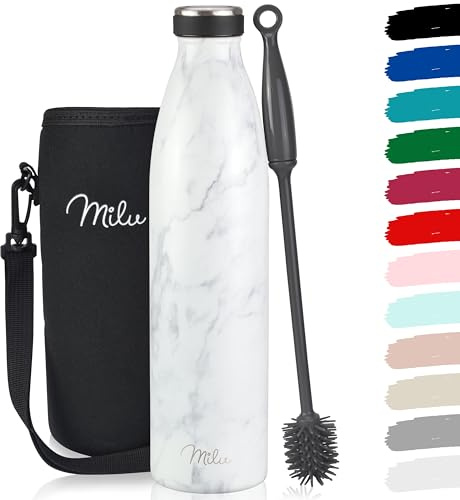 Milu Edelstahl Trinkflasche 350ml 500ml 750ml 1L 1,5L Thermosflasche Isolierte Wasserflasche Auslaufsichere Isolierflasche doppelwandig Kohlensäure geeignet – inkl. Reinigungsbürste (Marble, 1L)