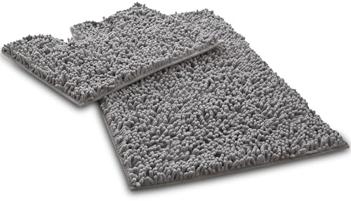 VELVETIO Loop Bath Mat Set For Bathroom, 2 Piece Super Soft Water Absorbent 100% Microfiber Chenille Toilet Rugs, Memory Foam Anti Slip Shower & Bathtub Rug Sets, Silver