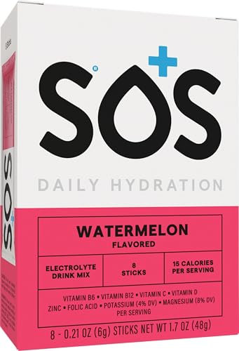 SOS Hydration Fast Rehydration - Mezcla de bebida con sabor a sandía (8 bolsitas) electrolitos efervescentes bajos en azúcar con vitamina B6, B12, C, D, ácido fólico, potasio, magnesio y zinc
