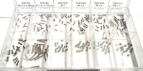 Sortiment mit Zylinderschrauben und Muttern aus Edelstahl M 1 ; M 1,2 ; M 1,4 und M 1,6 (240 Teile)