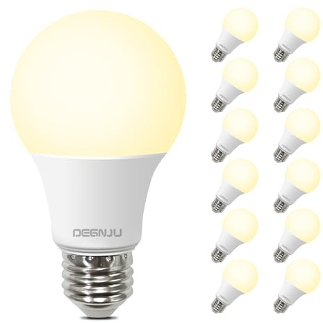 DEGNJU A19 LED Light Bulbs, 60 Watt Equivalent LED Bulbs, Soft White 2700K, 800 Lumens, E26 Standard Base, Non-Dimmable, 8W Warm White LED Bulbs for Bedroom Living Room, 12 Pack