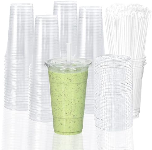 TashiBox 100 sets 24 oz plastic cups with flat lids and straws, smoothie cups with lids and straws, meal prep plastic large cups