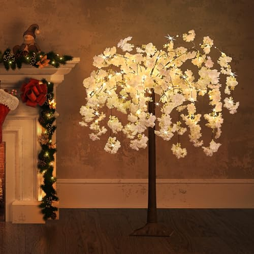 OUSHENG Lighted Cherry Blossom Tree LED Artificial Trees for Decoration Inside, Light up Fake Plant with Faux Flower for Home Wedding Party Festival Christmas Indoor Decor, Warm White, 4FT