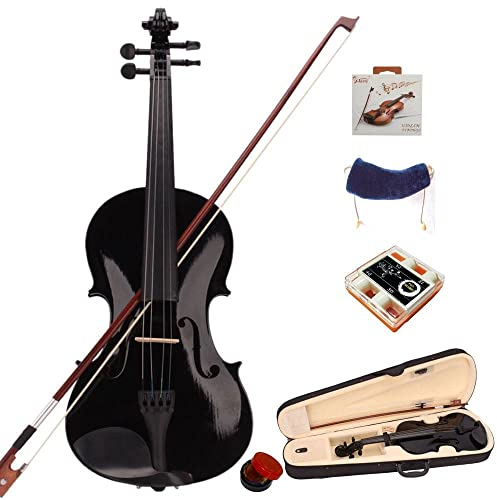 LALAHO 4/4 Full Size Violin Set, Erwachsenengeige für Anfänger, Massivholzgeige mit Etui, Bogensehne, Gefederte Schulterstütze, Kolophonium (Schwarz)