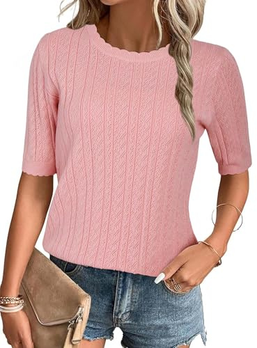 Arach&Cloz Jumpers for Women UK Short Sleeve Summer Tops Casual Blouse Shirt Knitted Sweater Spring Summer Basic Top Pink
