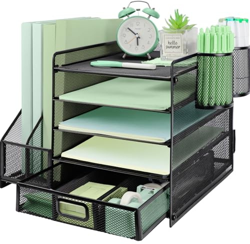 PLSOPPKG Organizador de Escritorio, 5 Niveles Malla Metálica Organizador Bandejas Papel con Estante para Archivos con Cajones 2 Bolígrafos Revistero, para Almacenamiento De Suministros Oficina