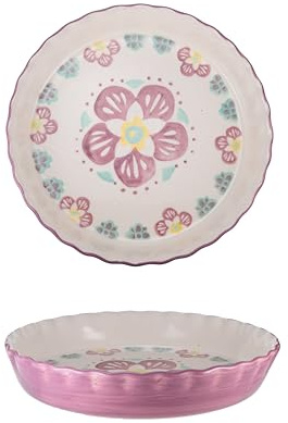 Mateda Ceramic Pie Pan Pie Dish for Oven 10 Inch Pie Plate Round Bakeware (Flower)