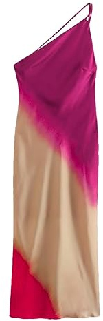 Slips färgad klänning dam elegant asymmetrisk midi-klänning, fuchsia, S