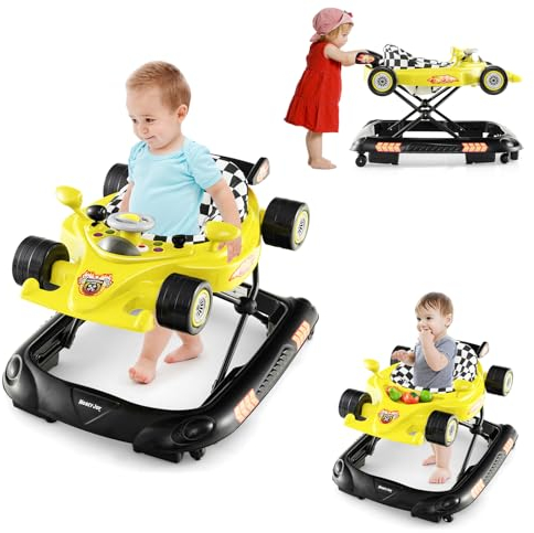 COSTWAY 4 in 1 Baby Lauflernhilfe, Lauflernwagen Autoförmig mit verstellbarer Höhen & abnehmbarem Spieltablett, Baby Walker klappbar mit Musik, Licht & Rädern, Gehfrei Baby ab 6 Monate (Gelb)