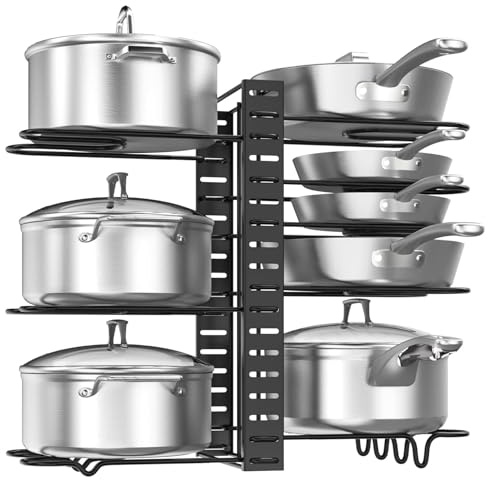 COSHANO Organizador y Soporte de Sartenes y Ollas, Estante de Sartenes con 8 compartimiento Ajustable, con 2 métodos de Bricolaje para Almacenar Tapas de Ollas, Platos