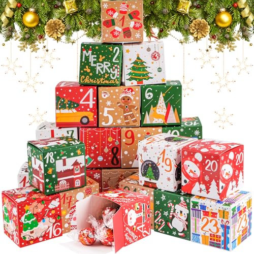 24 Adventskalender zum Befüllen, 7x7x7cm Adventskalender Boxen zum Befüllen, Weihnachtskalender Boxen, Adventskalender Selber Befüllen, Weihnachten Geschenk Kinder, Dekoration für Weihnachten